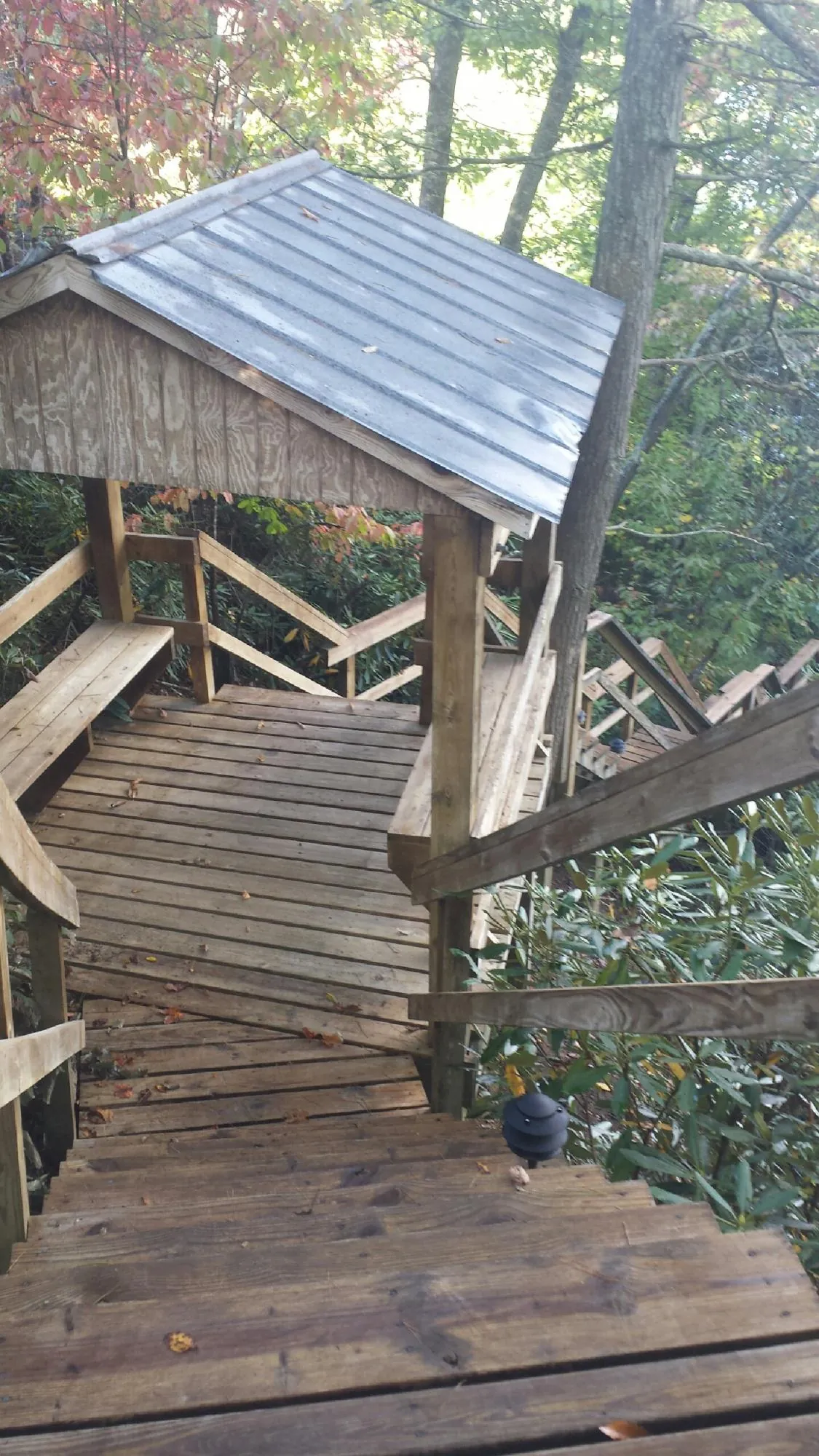 Metal roofed shelter over wooden steps on a wooded walkway — Skylight Repair & Installation work by our crew in Chewelah